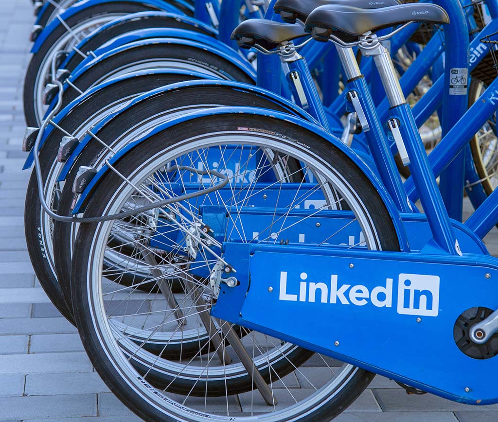 Blue bicyles with the LinkedIn logo